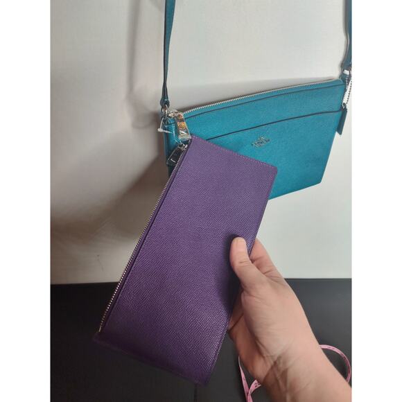 COACH Crossbody Bag with Pouch Teal Blue Designer Leather Handbag Set F1493 - Picture 5 of 9